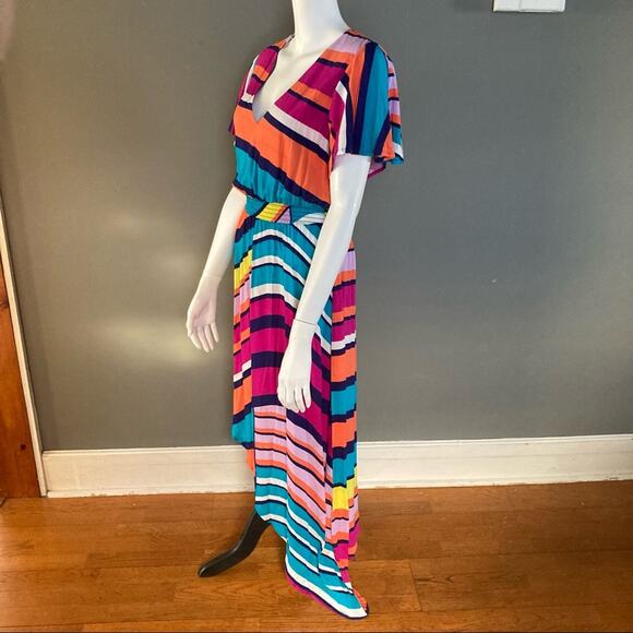 Trina Turk dress Small colorful midi Flutter sleeve striped v neck tropical NWT - Picture 1 of 8